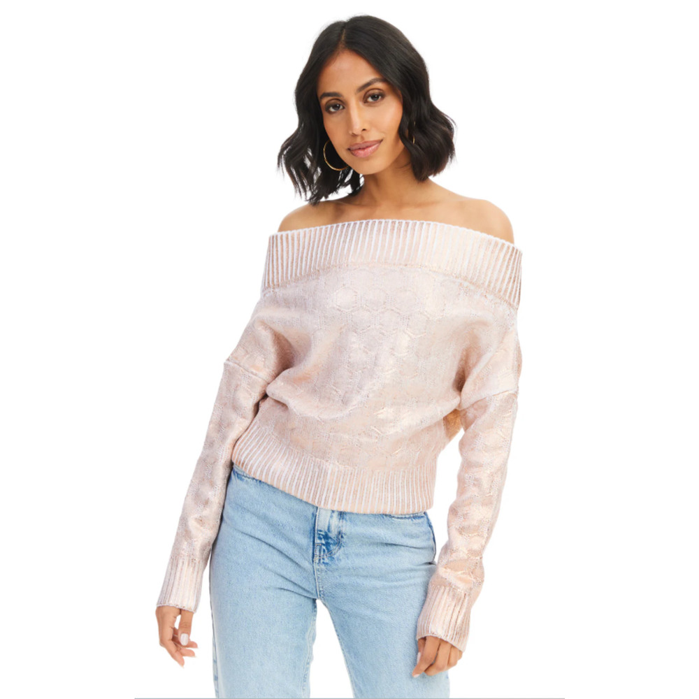 Allison New York Gold Foiled Alba Ribbed Off-Shoulder Sweater Top - Size M